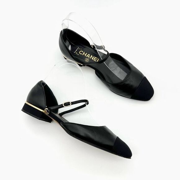 CHANEL Black CC Logo Mary Jane Ballet Flat Size 36.5 Leather Cap Pointed Toe - Picture 12 of 15